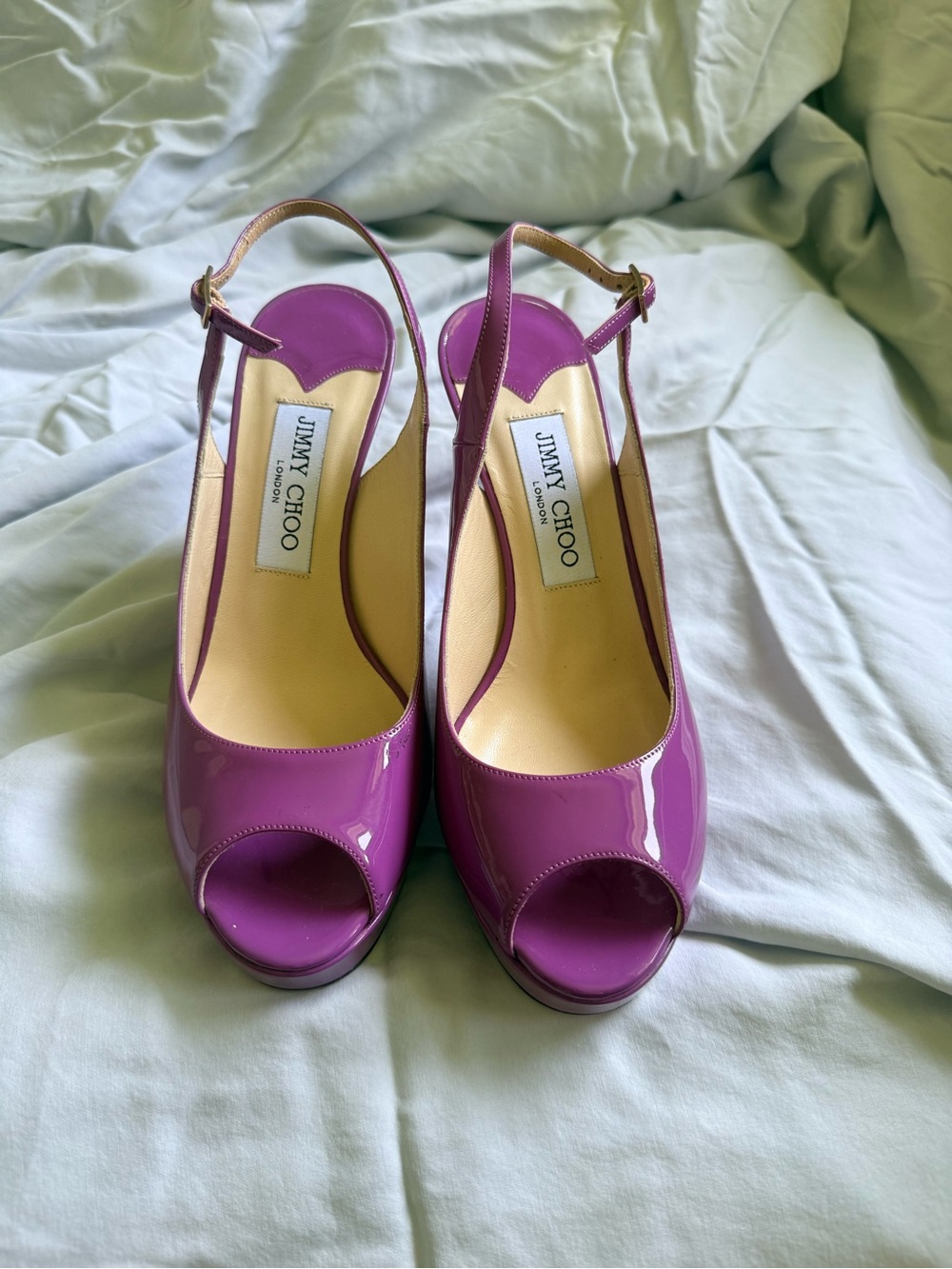 Jimmy Choo Fuchsia Patent Leather Peep-Toe Slingback Heels